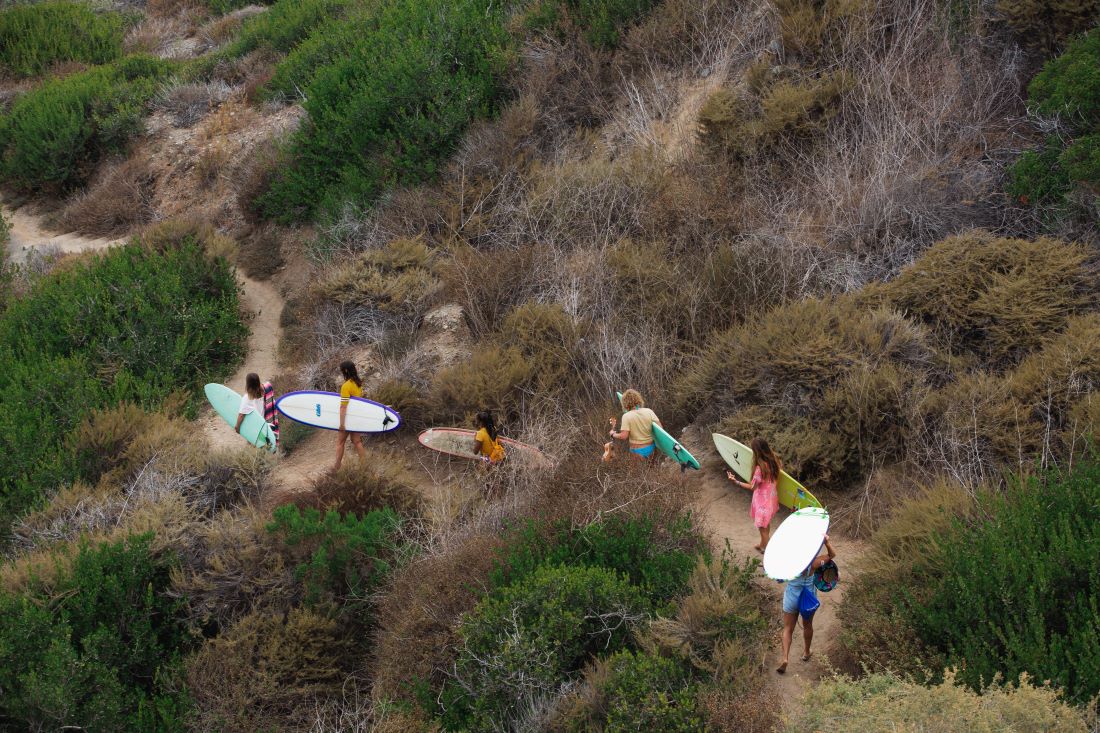 Women walking down a trail carrying their surfboards